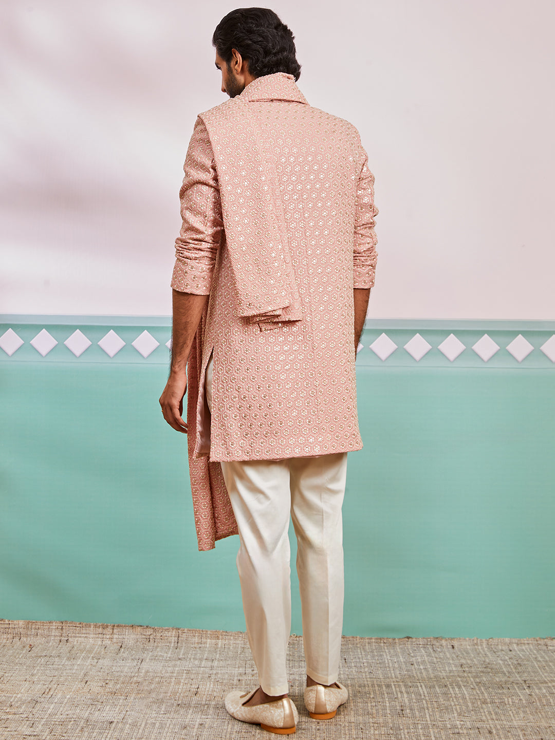 Men's Peach Rayon Indo Western, Pyjama And Dupatta Set