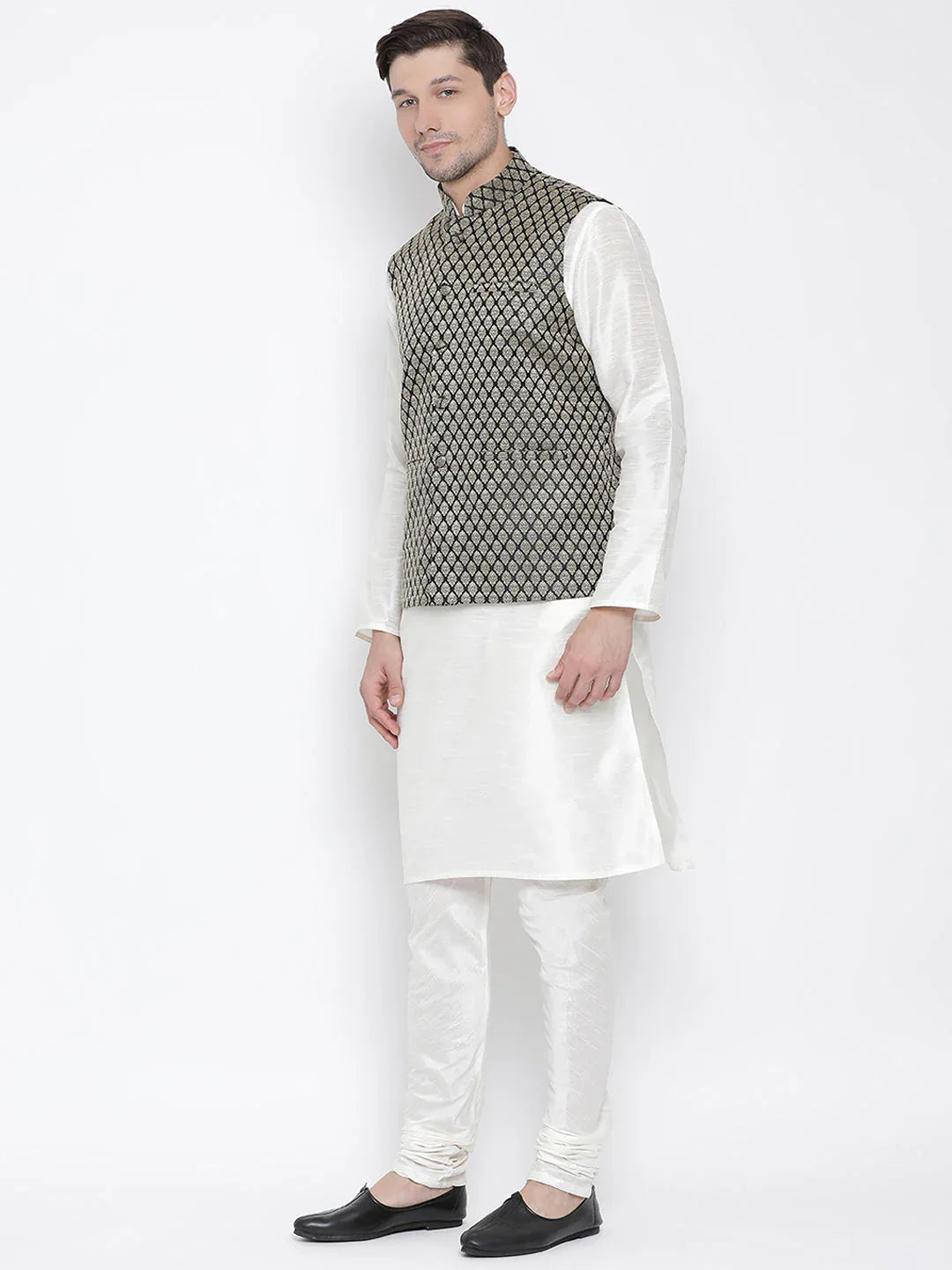Men's Black Silk Blend Jacket With Kurta Pyjama Set