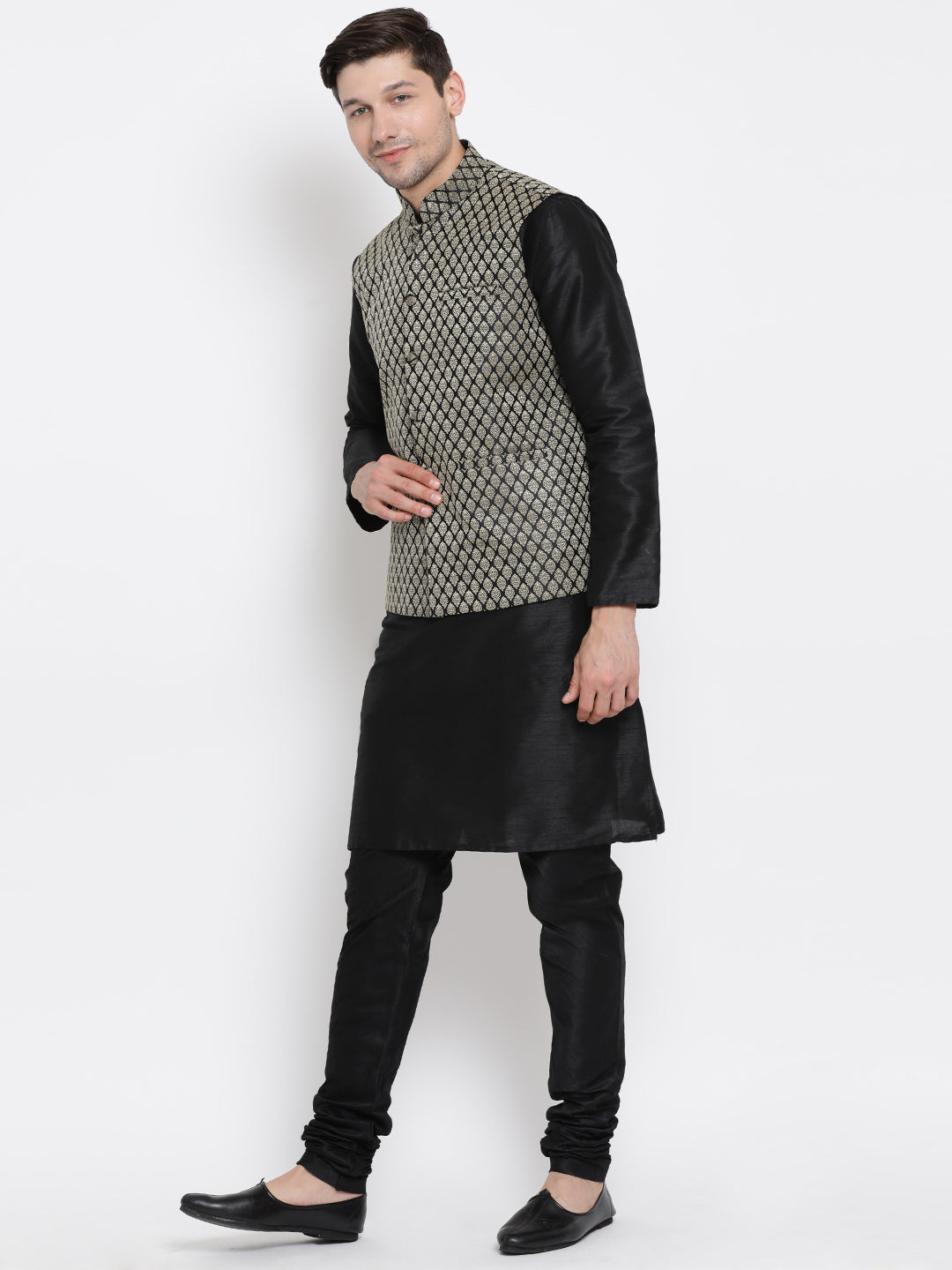 Men's Black Silk Blend Jacket With Kurta Pyjama Set