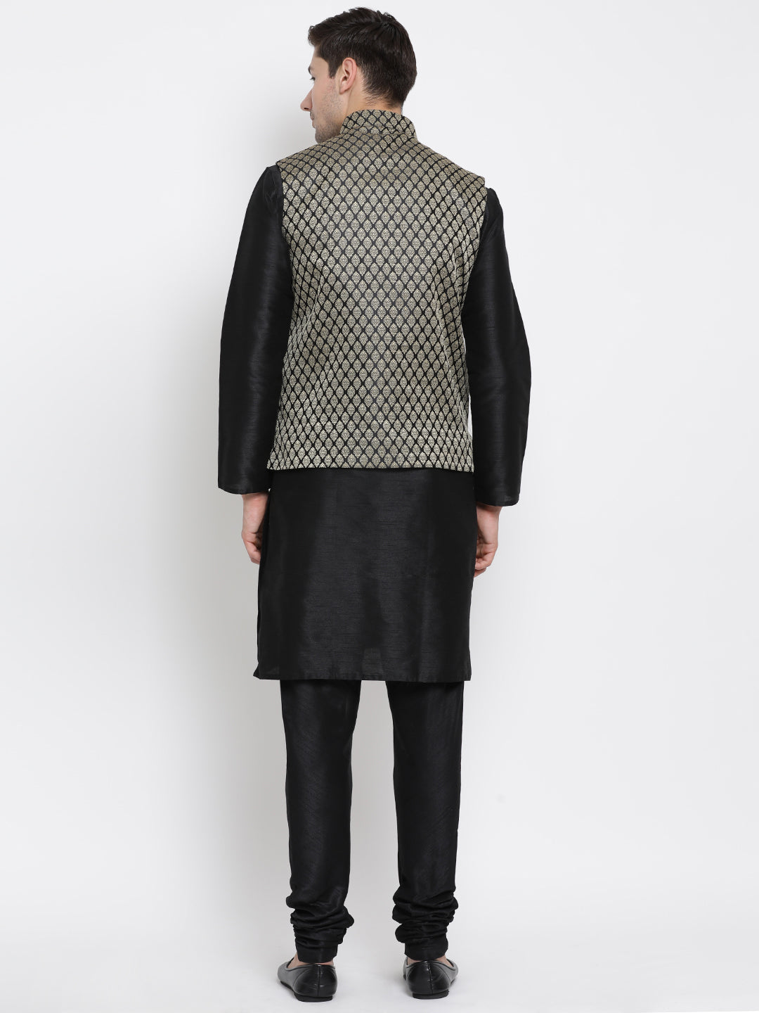 Men's Black Silk Blend Jacket With Kurta Pyjama Set