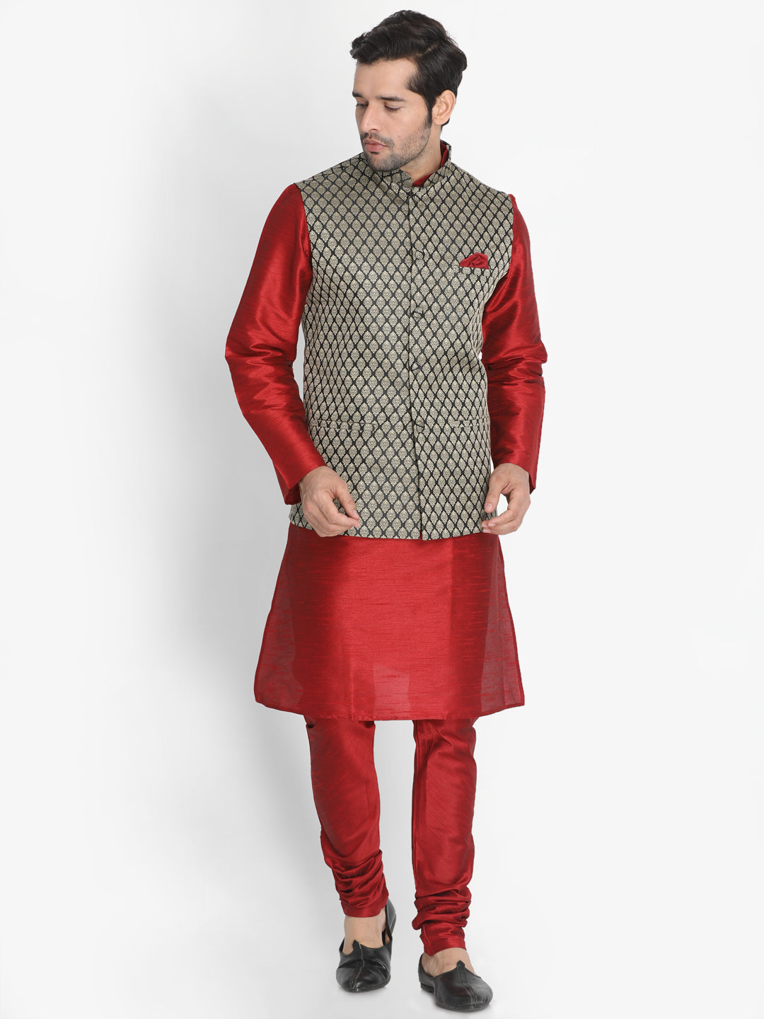 VM BY VASTRAMAY Men's Maroon Silk Blend Jacket with Kurta Pyjama Set