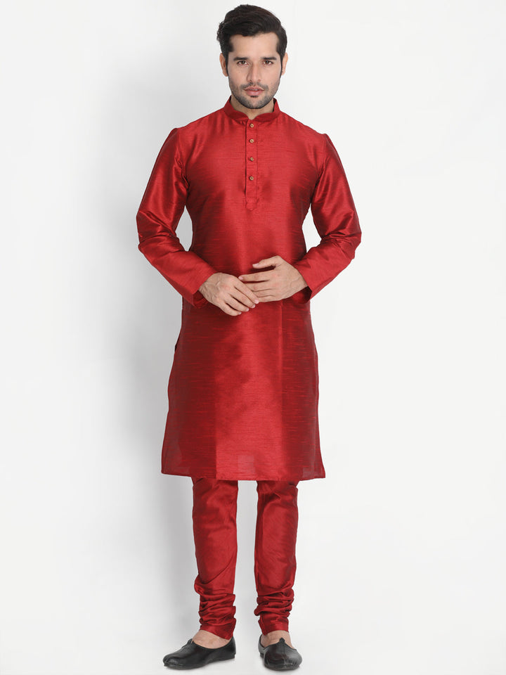 VM BY VASTRAMAY Men's Maroon Silk Blend Jacket with Kurta Pyjama Set