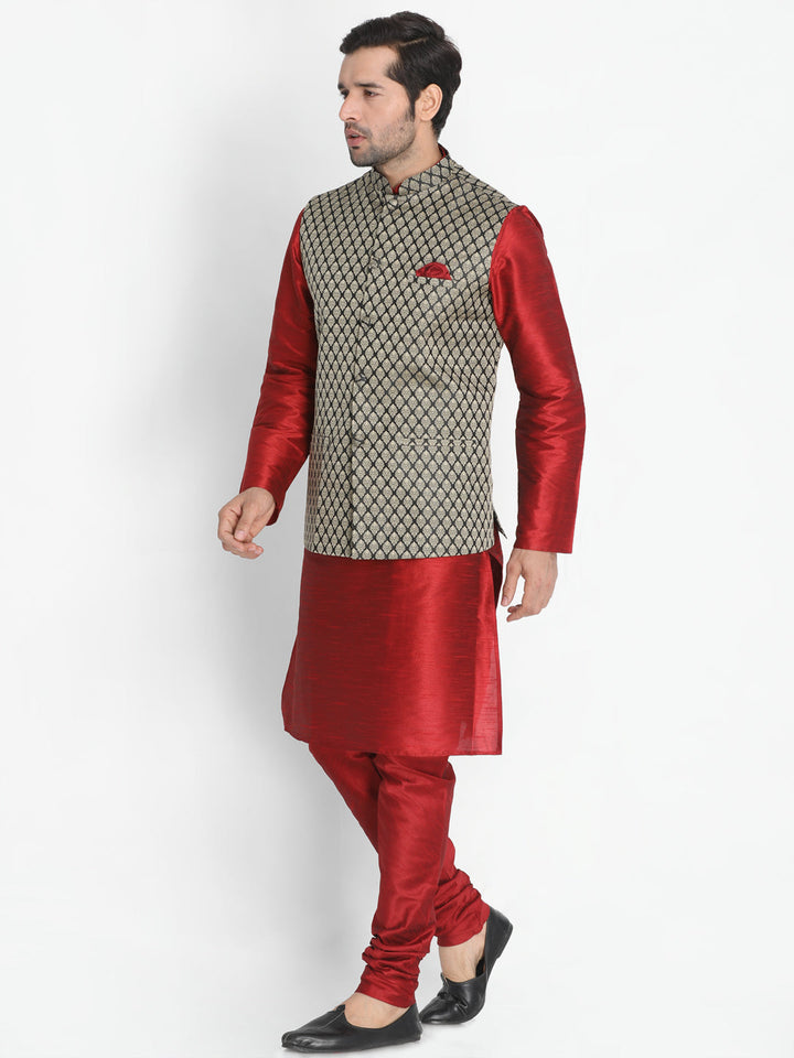 VM BY VASTRAMAY Men's Maroon Silk Blend Jacket with Kurta Pyjama Set