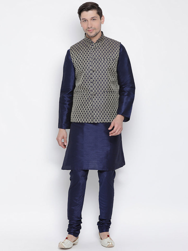 Vastramay Navy Blue and Gold Silk Blend Baap Beta Jacket Kurta Pyjama set