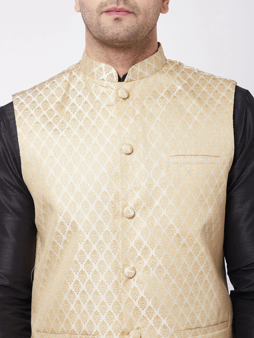 Men's Black Silk Blend Jacket With Kurta Dhoti Set