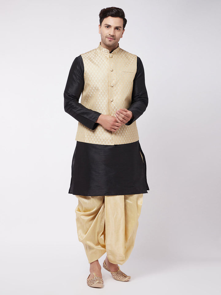 VM BY VASTRAMAY Men's Black Silk Blend Jacket With Kurta Dhoti Set