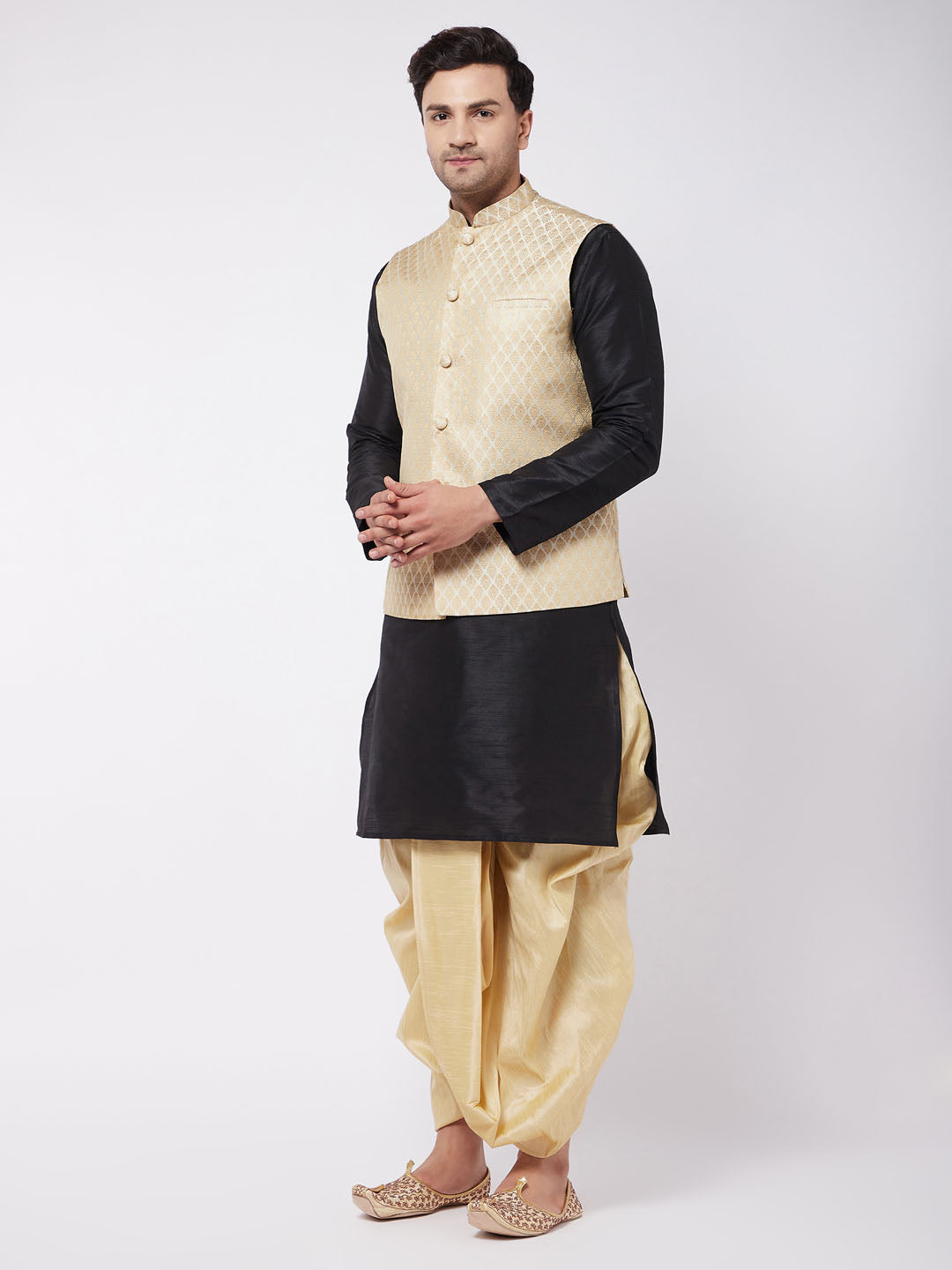 VM BY VASTRAMAY Men's Black Silk Blend Jacket With Kurta Dhoti Set