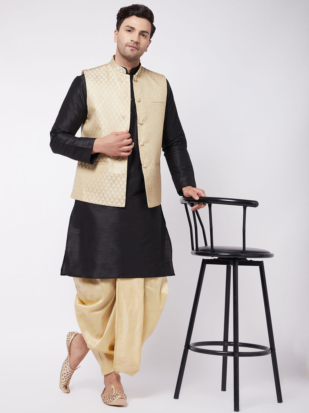 VM BY VASTRAMAY Men's Black Silk Blend Jacket With Kurta Dhoti Set