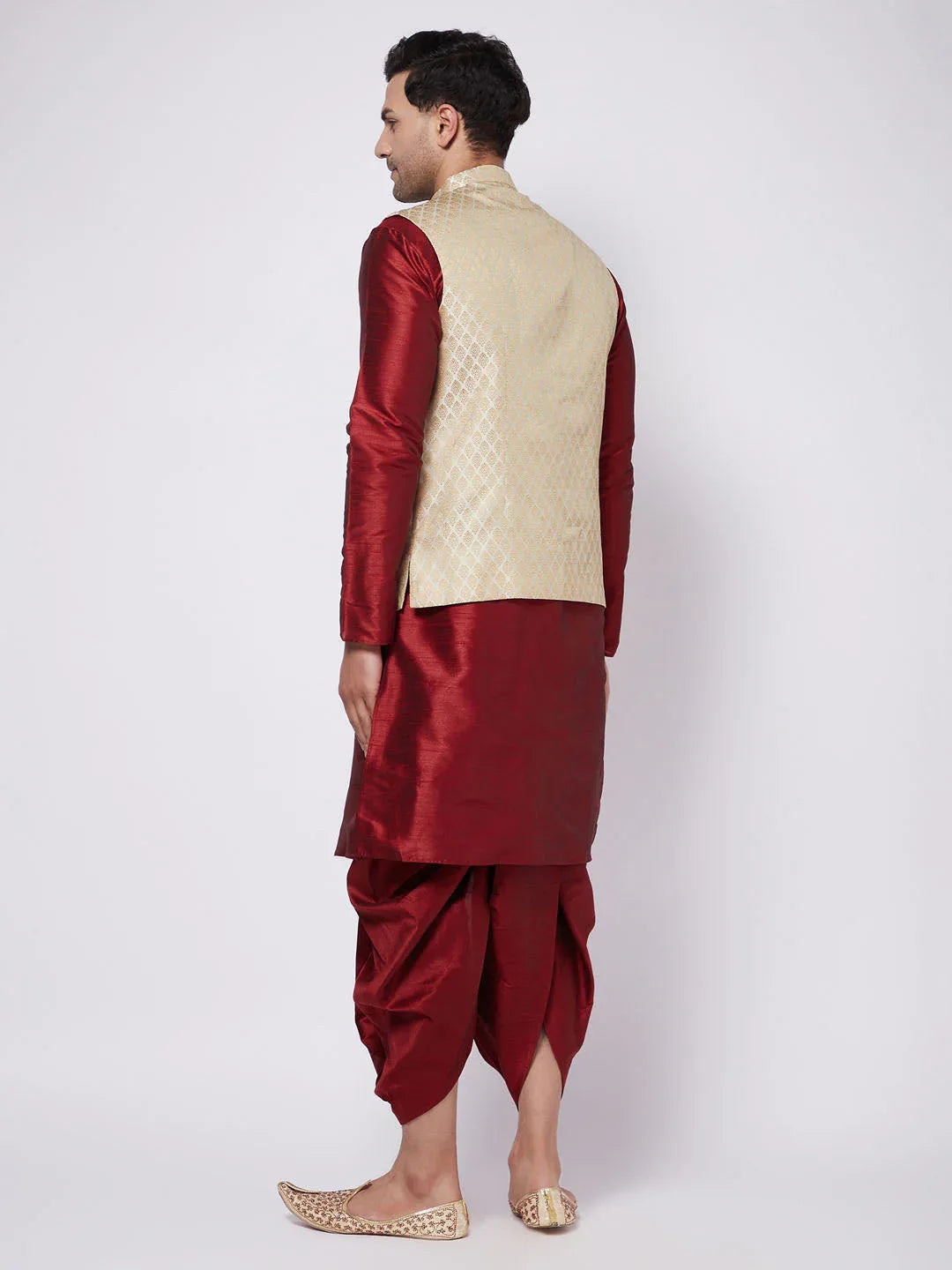 Men's Cream Silk Blend Jacket With Kurta Dhoti Set