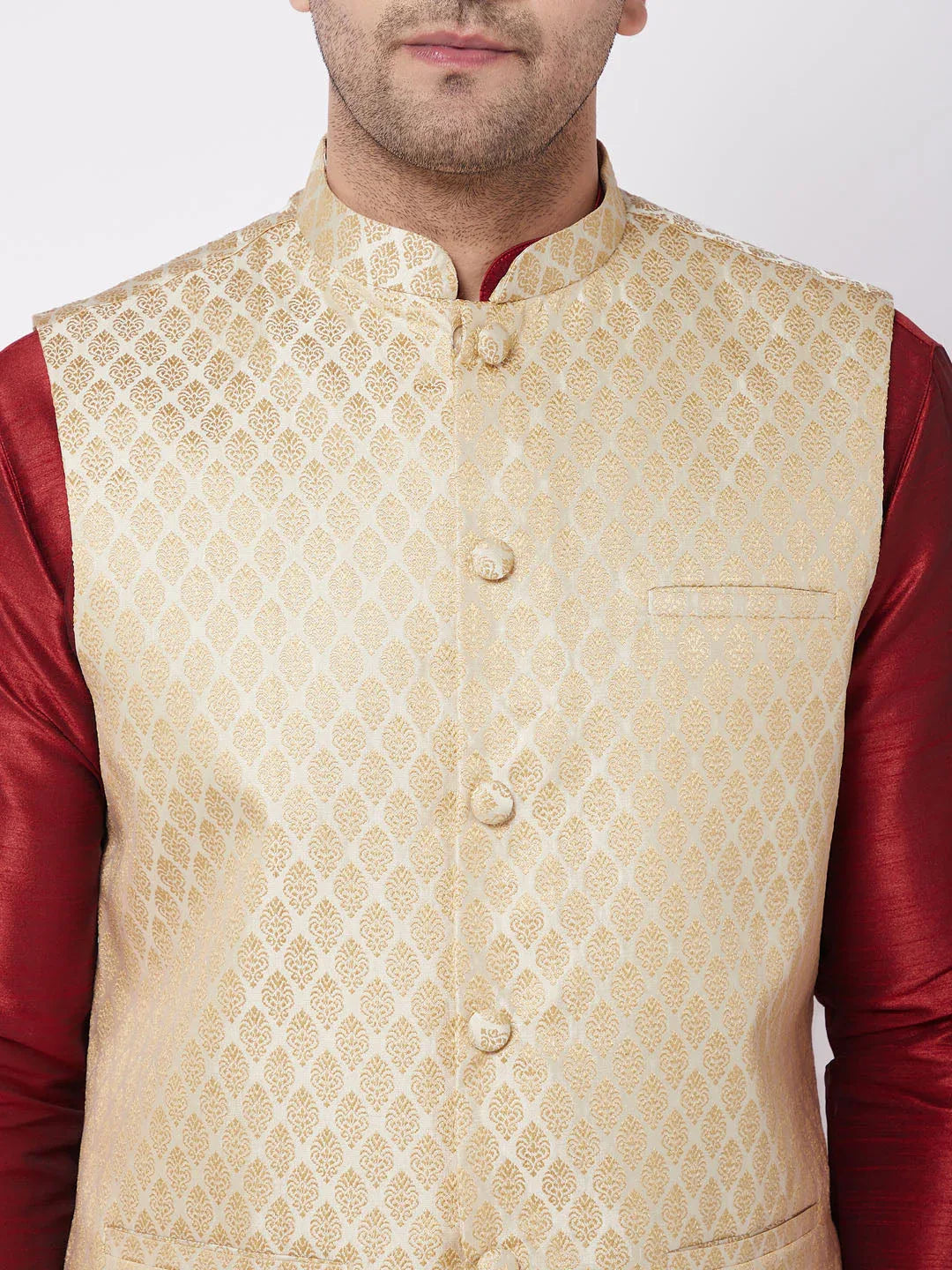 Men's Cream Silk Blend Jacket With Kurta Dhoti Set
