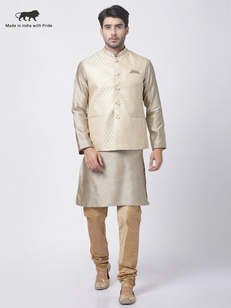 VM By VASTRAMAY Men's Beige Silk Blend Jacket With Kurta Pyjama Set