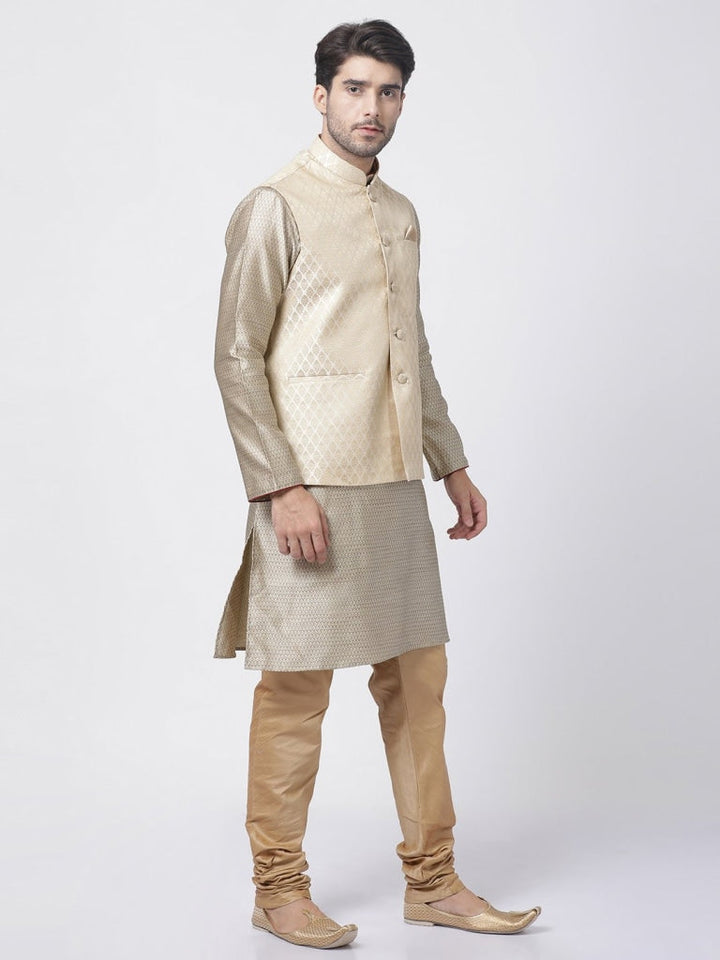 VM By VASTRAMAY Men's Beige Silk Blend Jacket With Kurta Pyjama Set