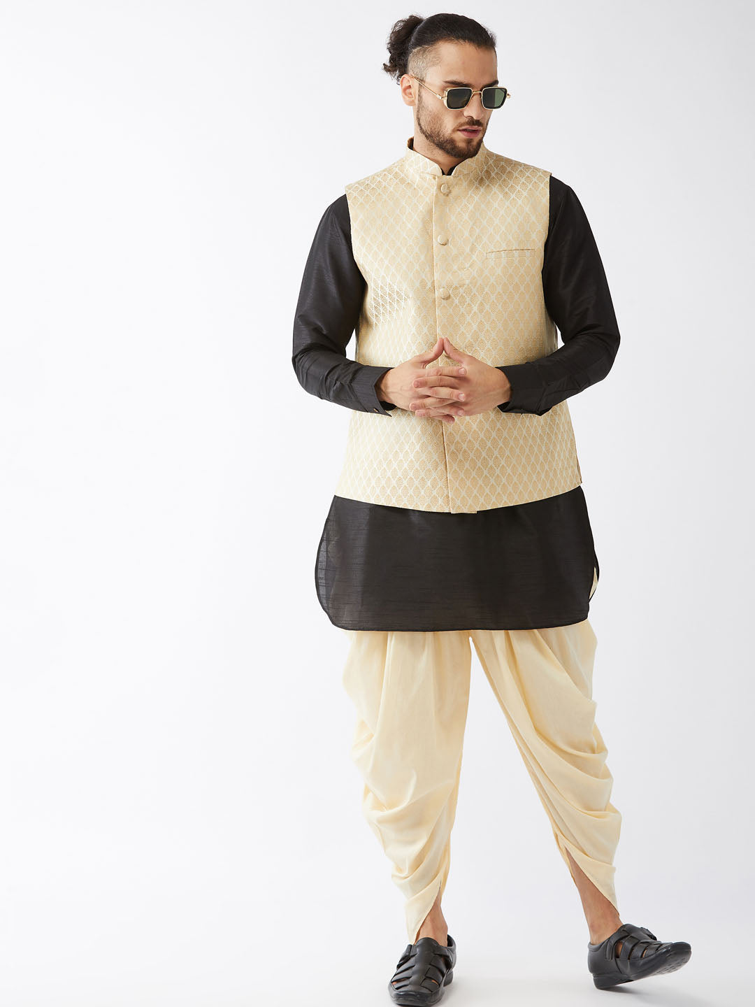 VM By VASTRAMAY Men's Cream Silk Blend Jacket With Curved Kurta Dhoti Set