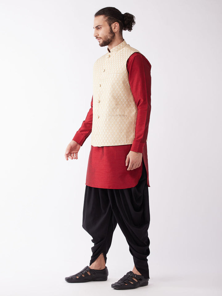 VM By VASTRAMAY Men's Gold Silk Blend Jacket With Curved Kurta Dhoti Set