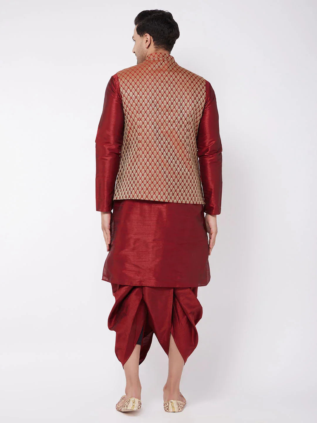 Men's Maroon Silk Blend Jacket With Kurta Dhoti Set