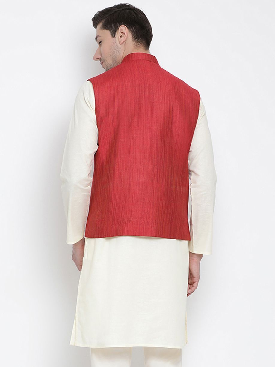 VASTRAMAY Men's Maroon Cotton Blend Ethnic Jacket