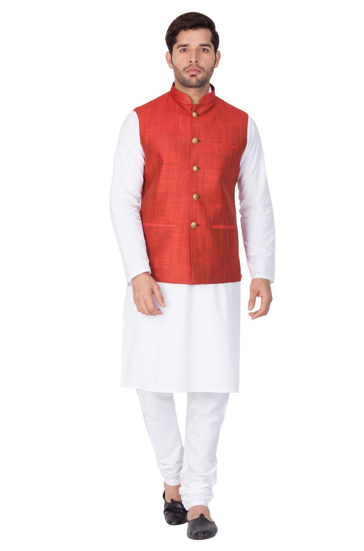 VASTRAMAY Men's White Cotton Blend Kurta, Ethnic Jacket and Pyjama Set