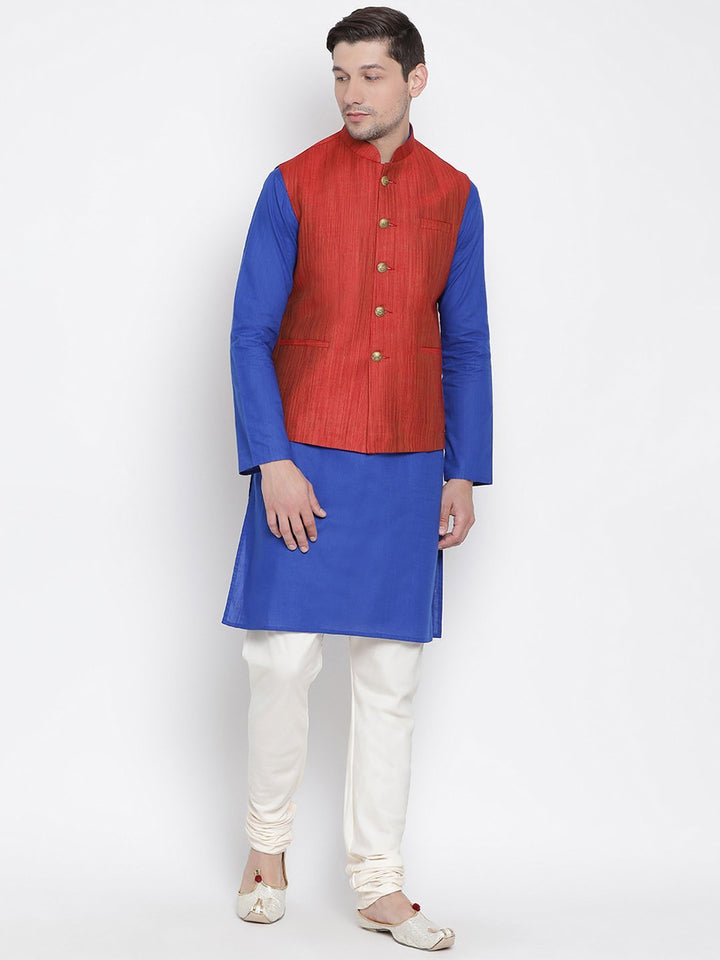 VASTRAMAY Men's Blue Cotton Blend Kurta, Ethnic Jacket and Pyjama Set