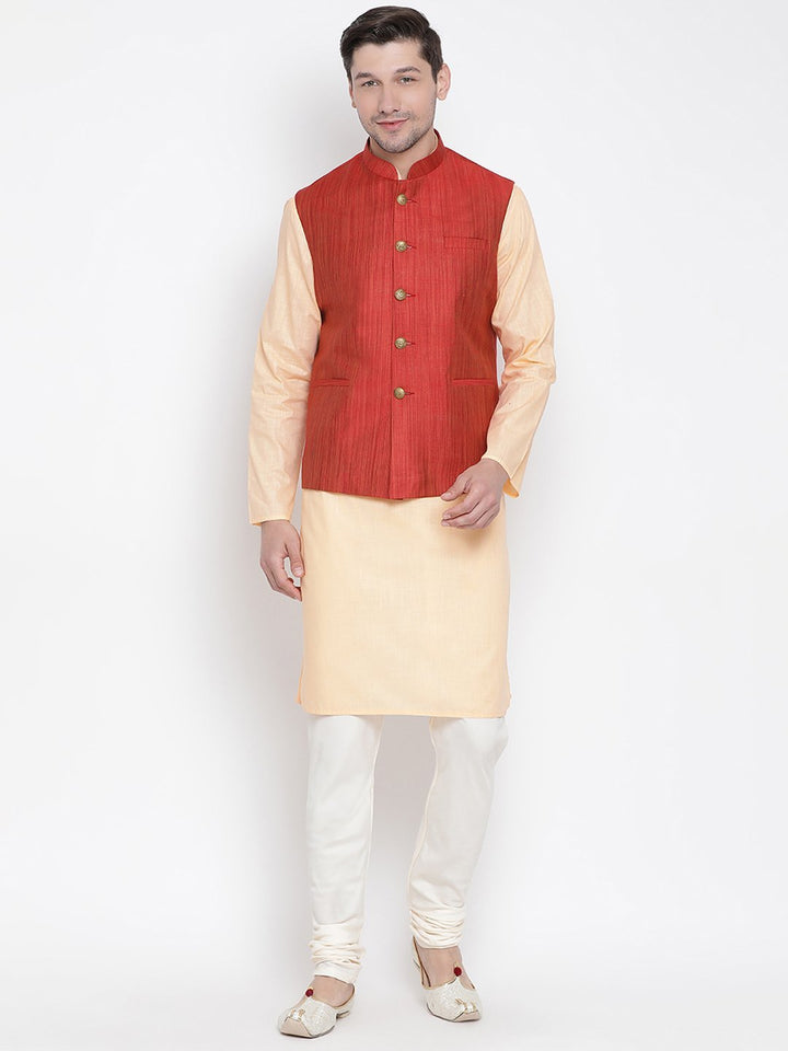 VASTRAMAY Men's Orange Cotton Blend Kurta, Ethnic Jacket and Pyjama Set