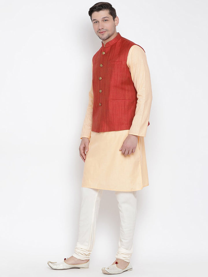 VASTRAMAY Men's Orange Cotton Blend Kurta, Ethnic Jacket and Pyjama Set