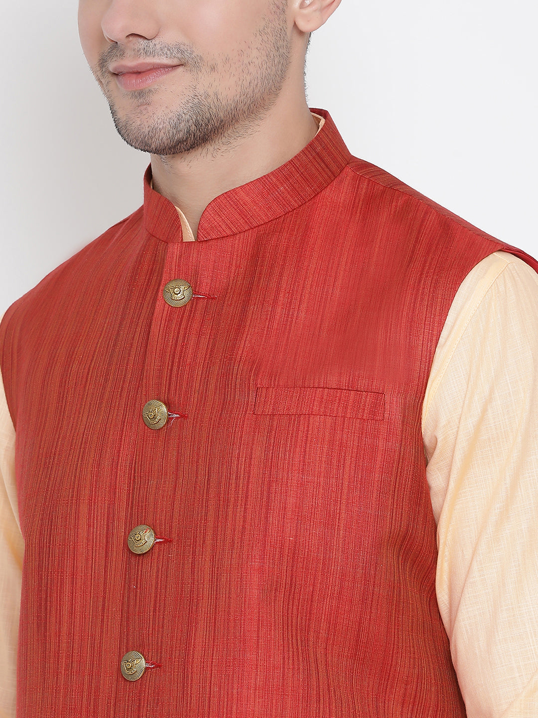 VASTRAMAY Men's Orange Cotton Blend Kurta, Ethnic Jacket and Pyjama Set