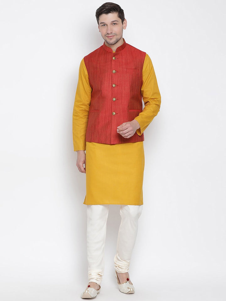 VASTRAMAY Men's Yellow Cotton Blend Kurta, Ethnic Jacket and Pyjama Set