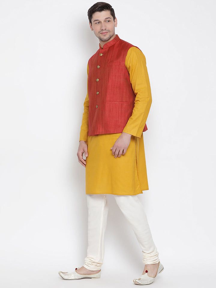 VASTRAMAY Men's Yellow Cotton Blend Kurta, Ethnic Jacket and Pyjama Set