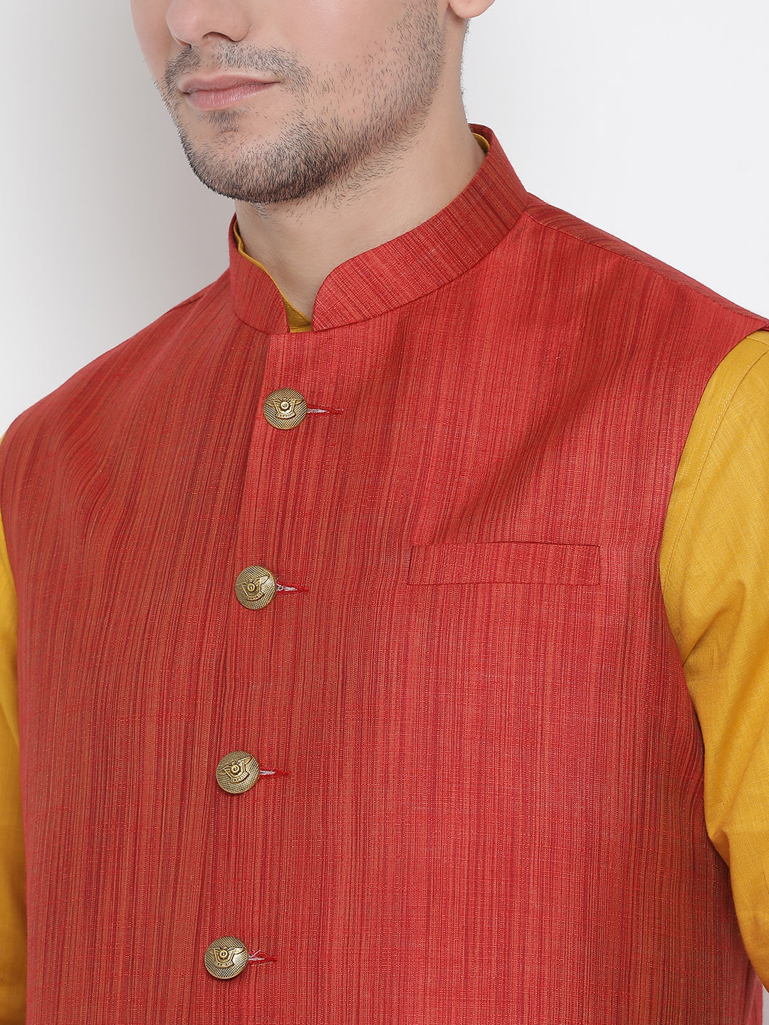 VASTRAMAY Men's Yellow Cotton Blend Kurta, Ethnic Jacket and Pyjama Set