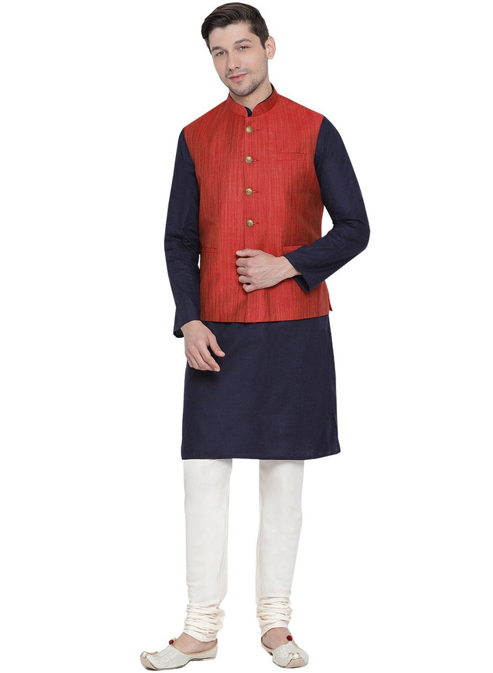 VASTRAMAY Men's Dark Blue Cotton Blend Kurta, Ethnic Jacket and Pyjama Set