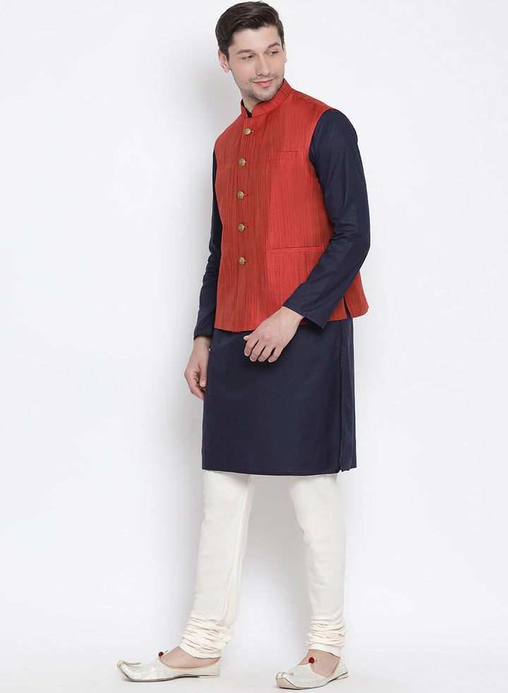 VASTRAMAY Men's Dark Blue Cotton Blend Kurta, Ethnic Jacket and Pyjama Set