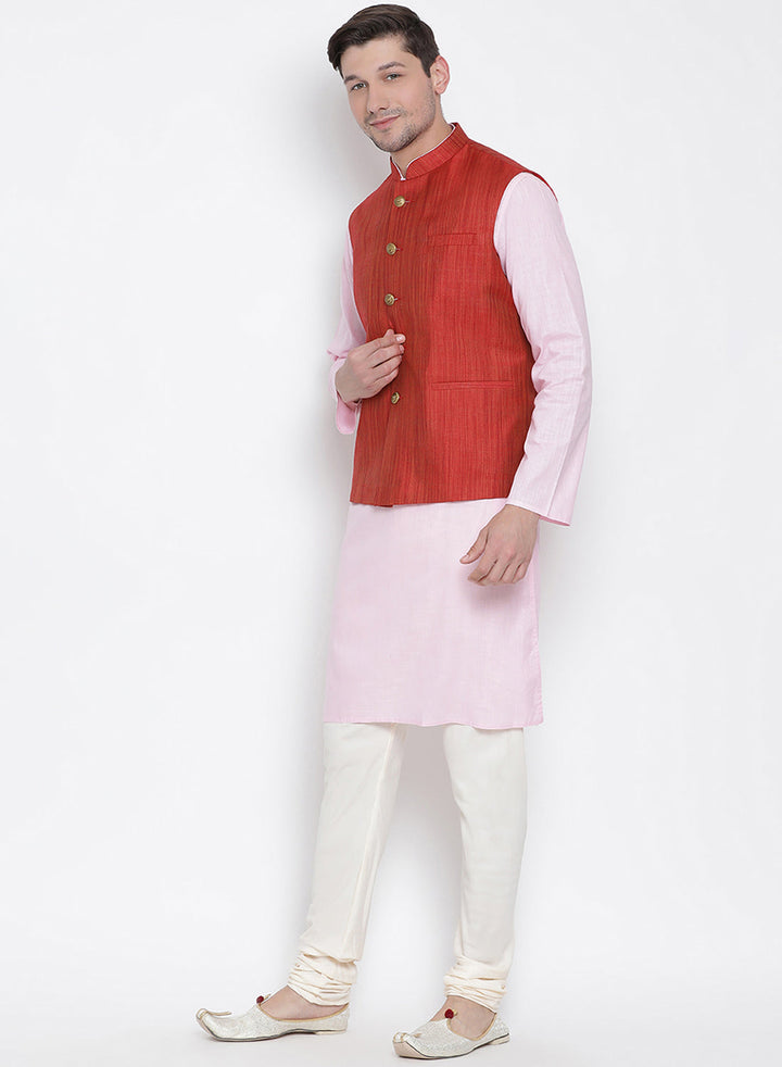 VASTRAMAY Men's Pink Cotton Blend Kurta, Ethnic Jacket and Pyjama Set