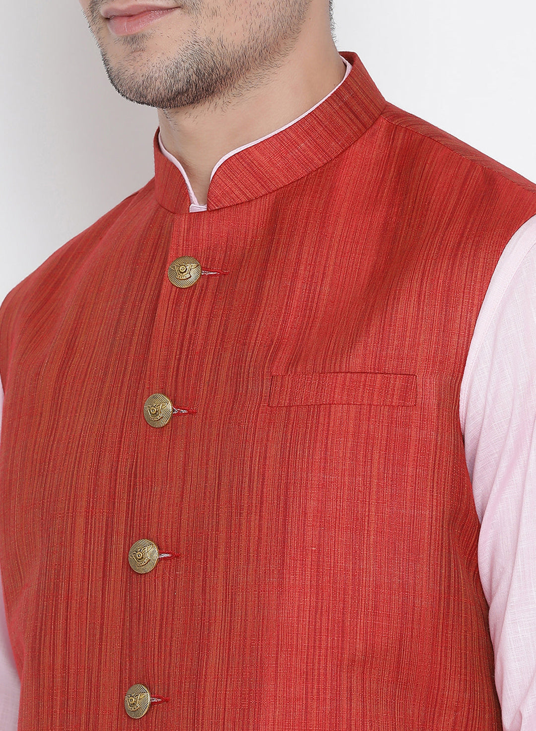 VASTRAMAY Men's Pink Cotton Blend Kurta, Ethnic Jacket and Pyjama Set