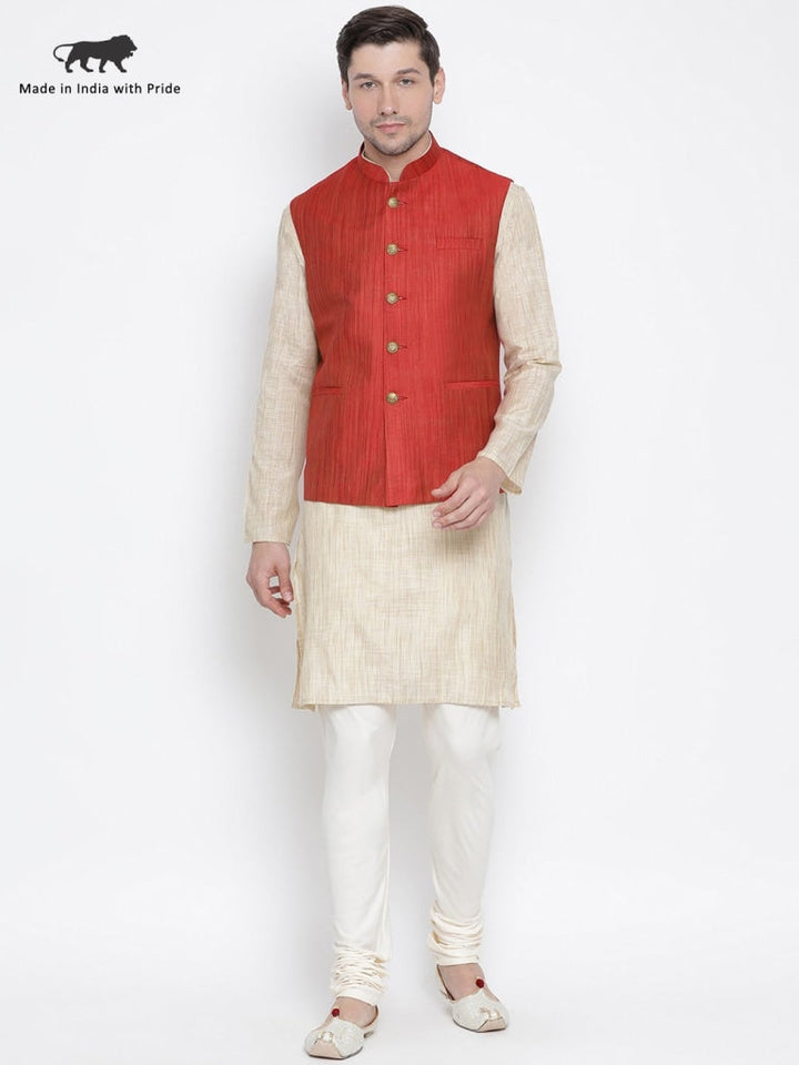 VASTRAMAY Men's Beige Cotton Blend Kurta, Ethnic Jacket and Pyjama Set