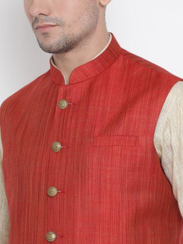 VASTRAMAY Men's Beige Cotton Blend Kurta, Ethnic Jacket and Pyjama Set