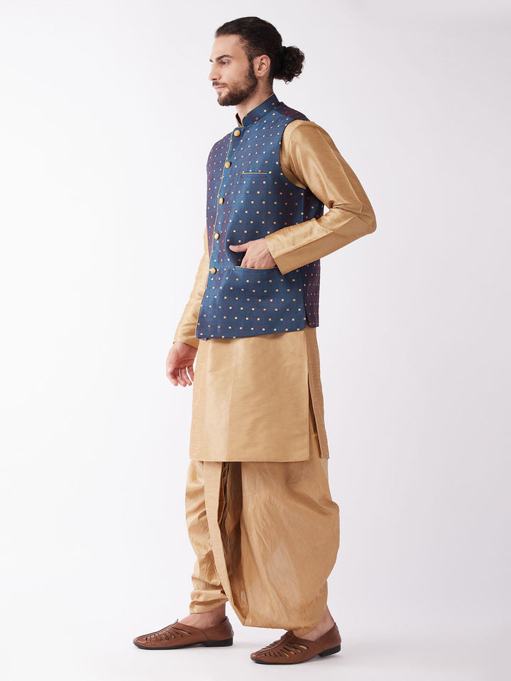 VM By VASTRAMAY Men's Blue Zari Weaved Jacket With Kurta Dhoti Set