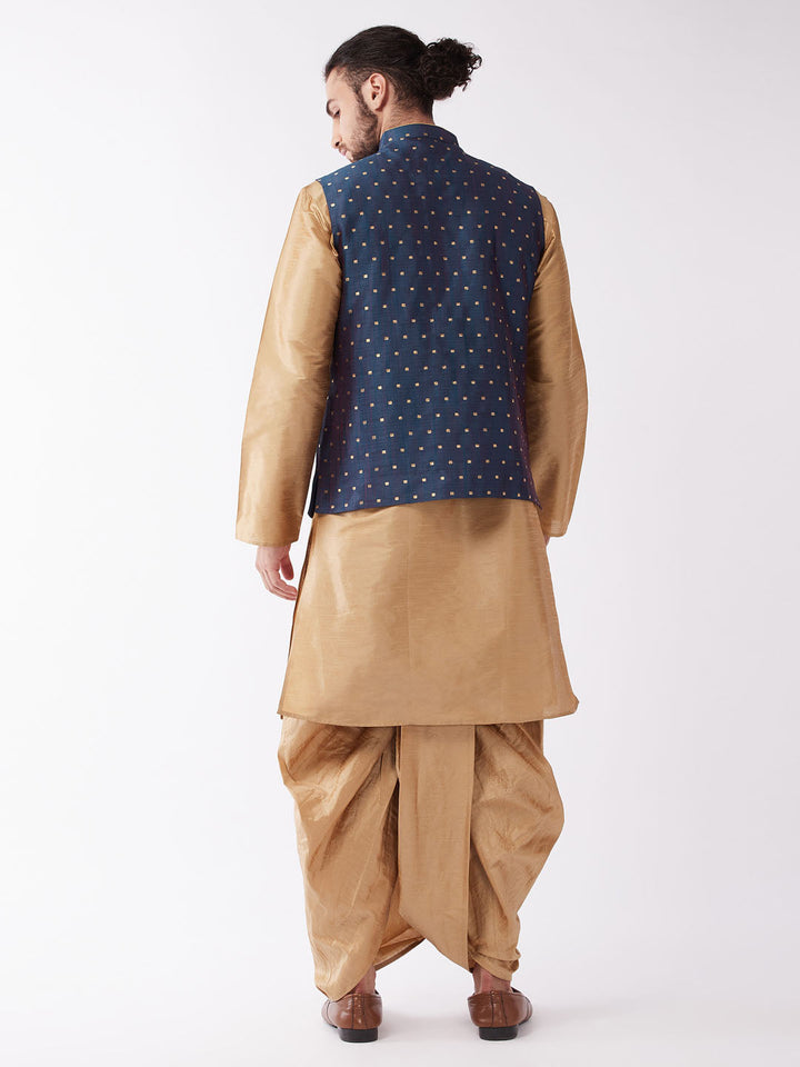 VM By VASTRAMAY Men's Blue Zari Weaved Jacket With Kurta Dhoti Set