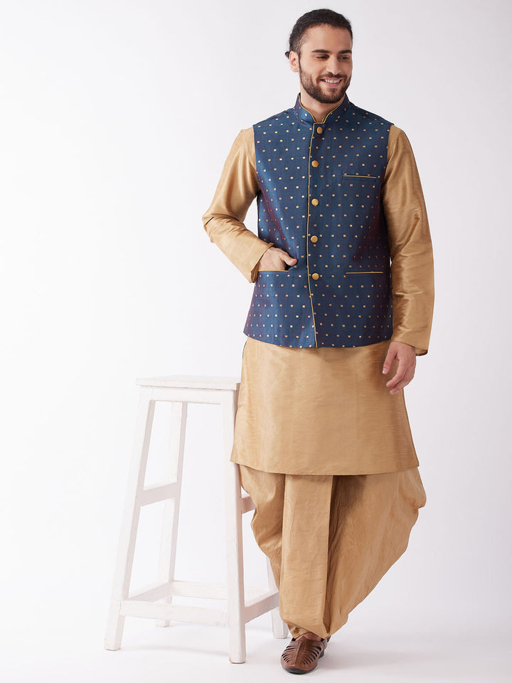 VM By VASTRAMAY Men's Blue Zari Weaved Jacket With Kurta Dhoti Set