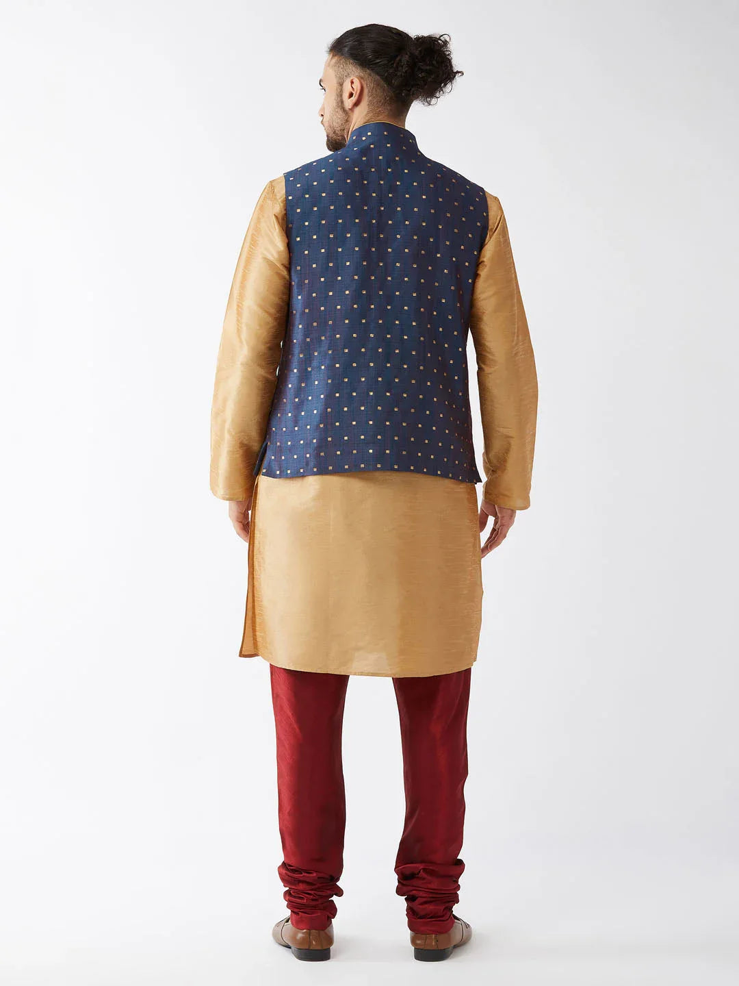Men's Blue Zari Weaved Jacket With Kurta Pyjama Set