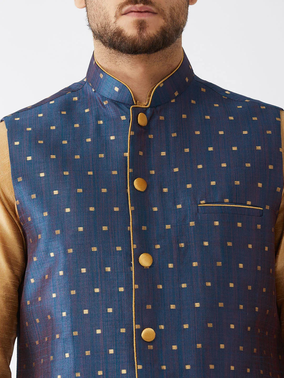 Men's Blue Zari Weaved Jacket With Kurta Pyjama Set