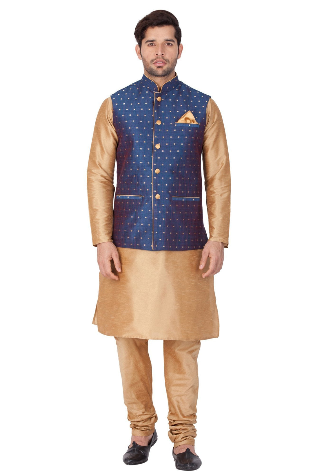 VM By VASTRAMAY Men's Blue Zari Weaved Jacket With Kurta Pyjama Set