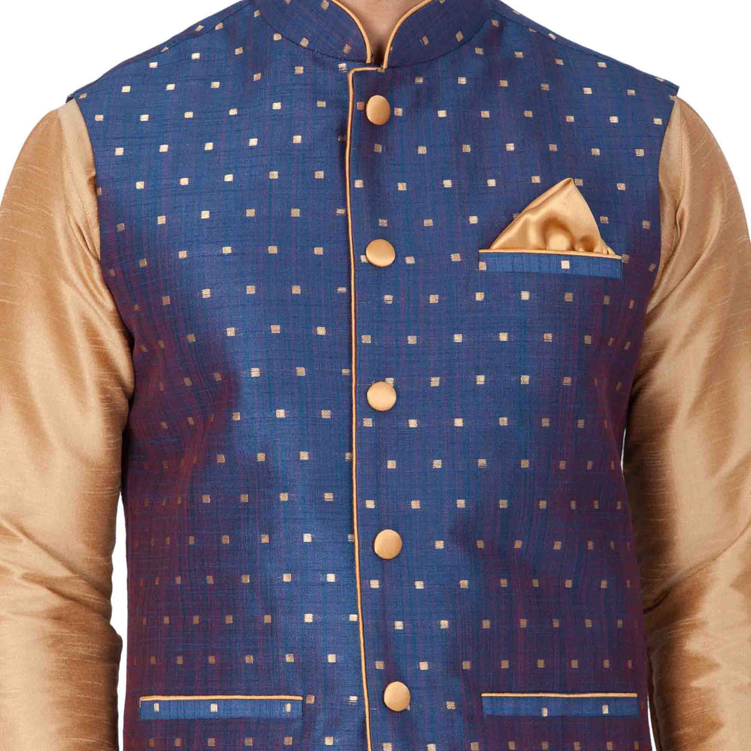 VM By VASTRAMAY Men's Blue Zari Weaved Jacket With Kurta Pyjama Set