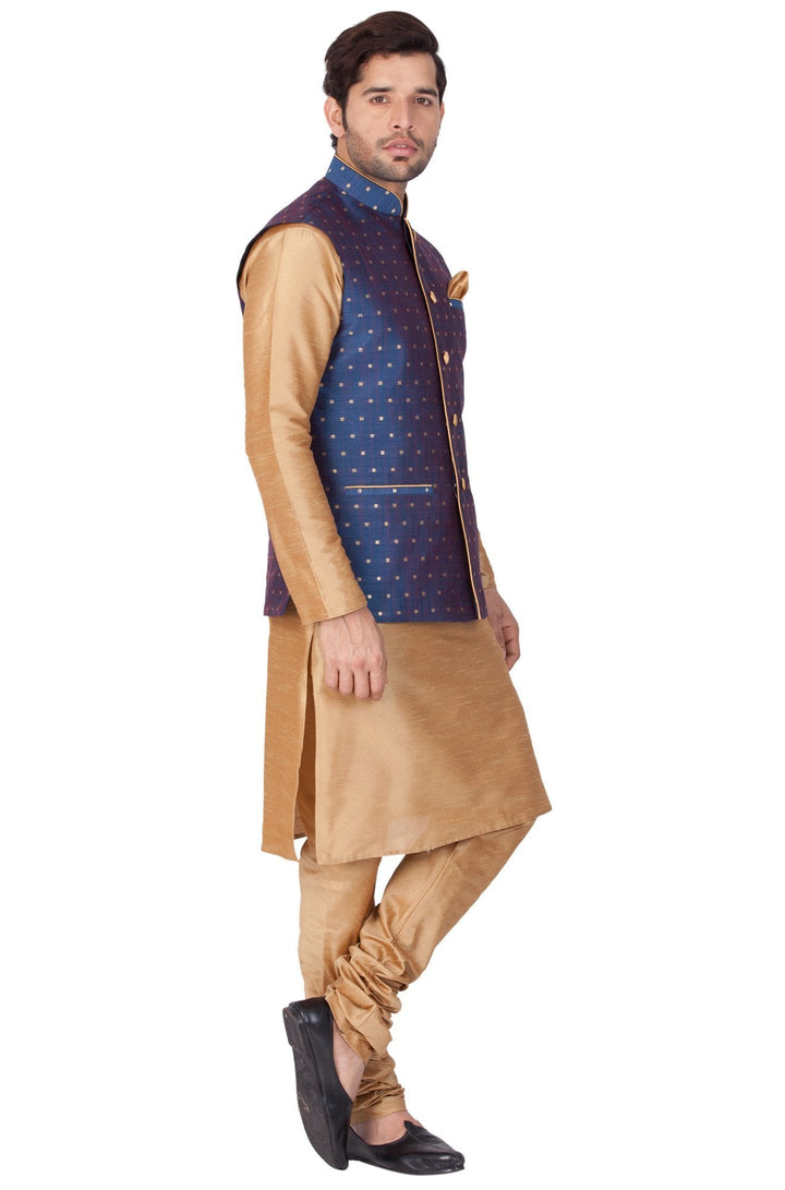 VM By VASTRAMAY Men's Blue Zari Weaved Jacket With Kurta Pyjama Set