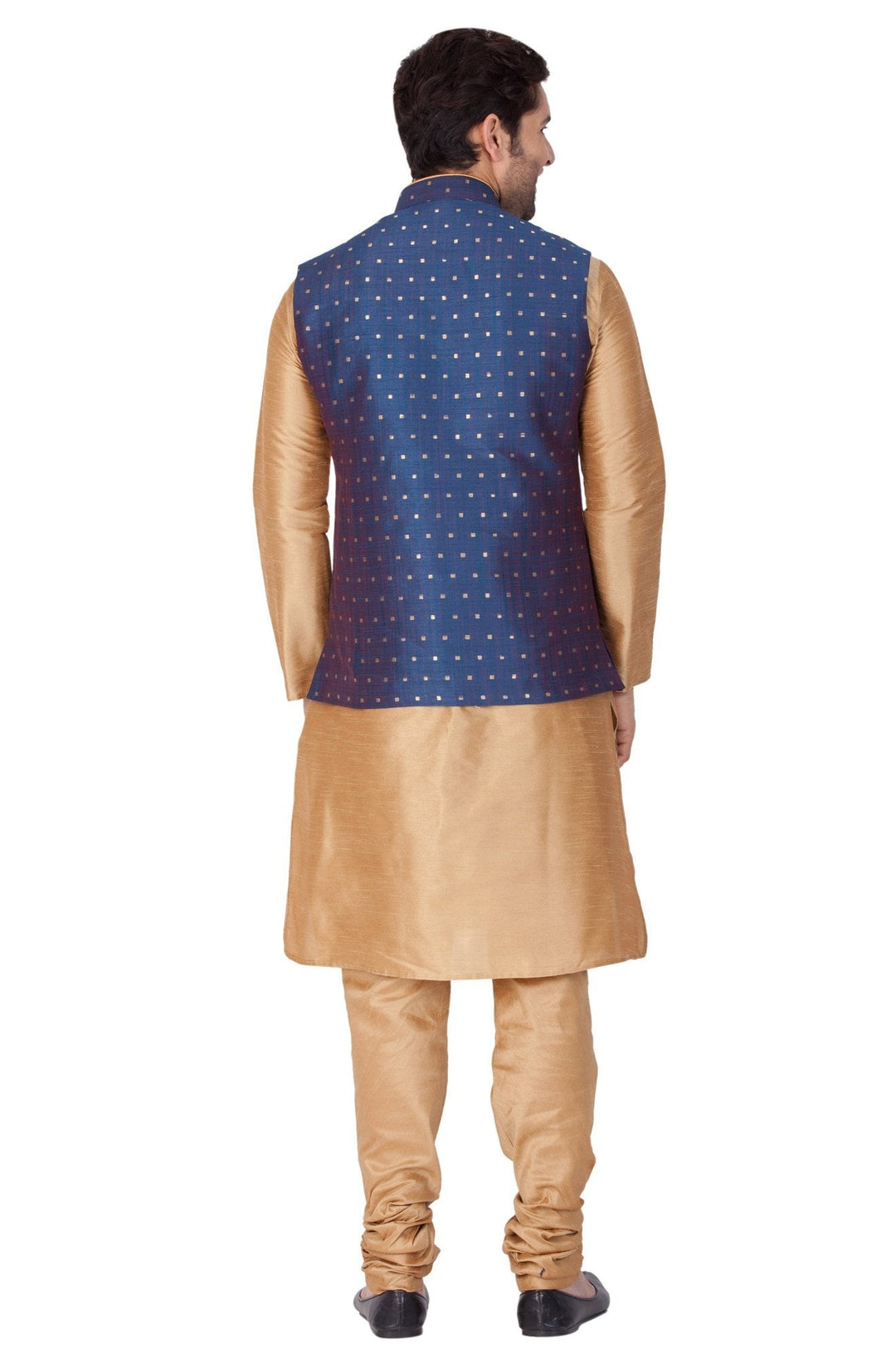 VM By VASTRAMAY Men's Blue Zari Weaved Jacket With Kurta Pyjama Set