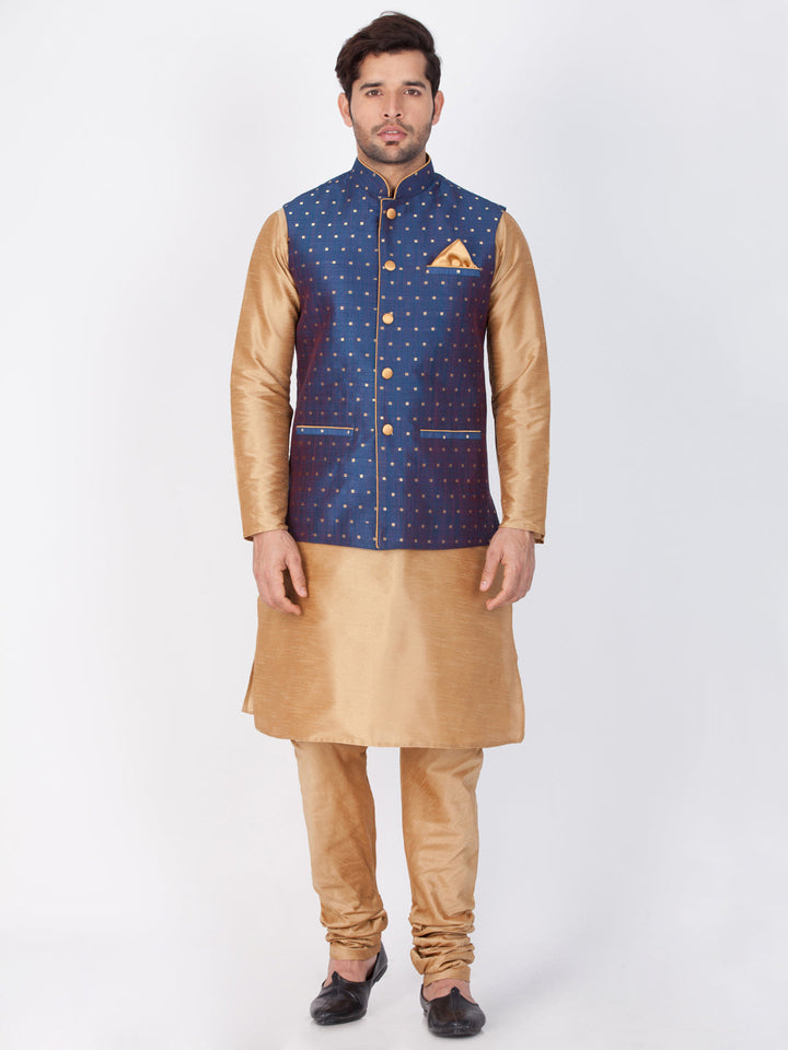 Vastramay Rose Gold and Navy Blue Silk Blend Baap Beta Jacket Kurta Pyjama set