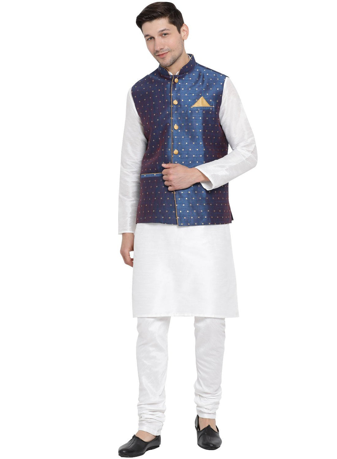 VASTRAMAY Men's Blue Zari Weaved Jacket With Kurta Pyjama Set