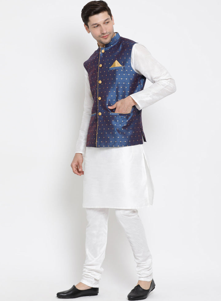 VASTRAMAY Men's Blue Zari Weaved Jacket With Kurta Pyjama Set