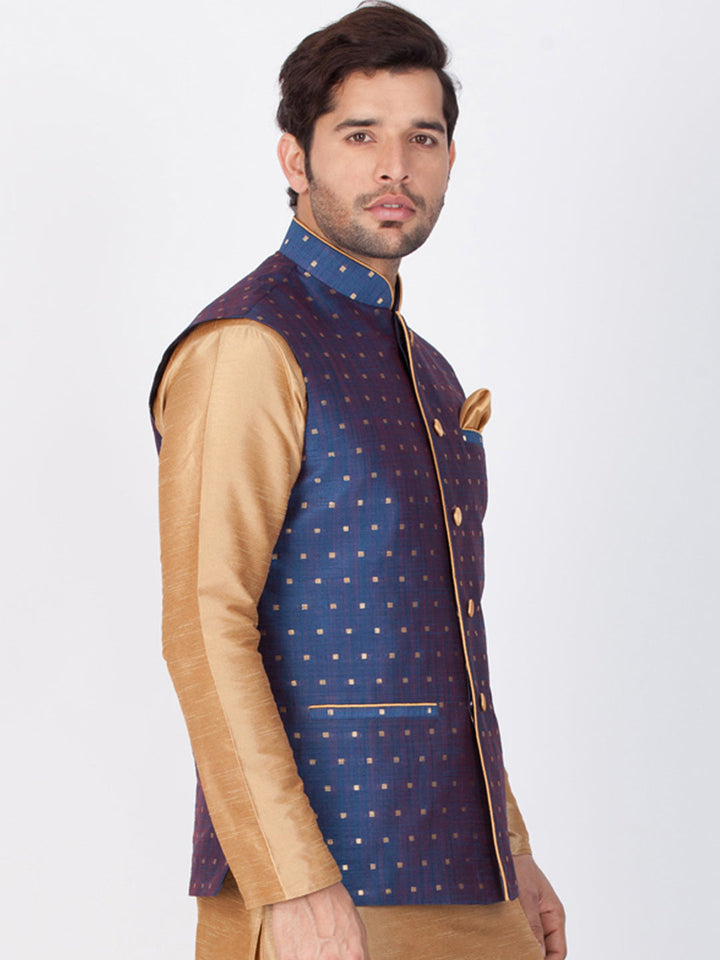 Vastramay Silk Blend Blue and Rose Gold Baap Beta Ethnic Jacket