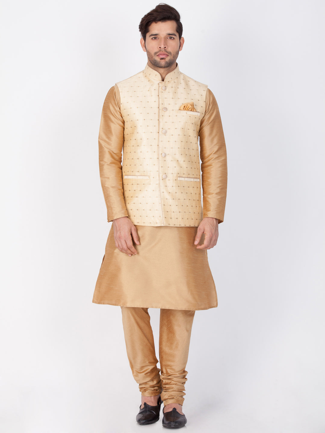 Vastramay Rose Gold Silk Blend Baap Beta Jacket Kurta Pyjama set