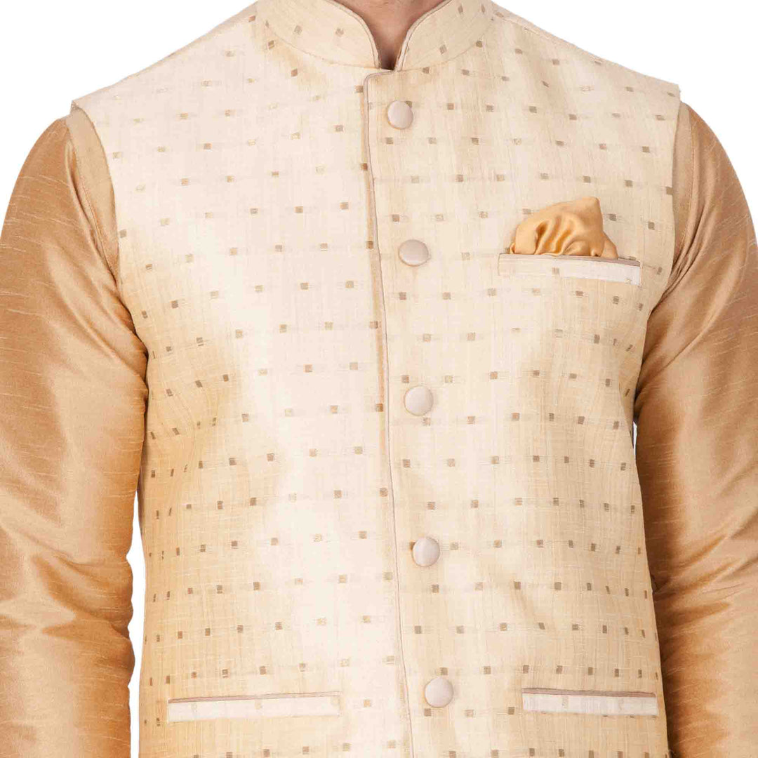 VM By VASTRAMAY Men's Gold Zari Weaved Jacket With Kurta Pyjama Set