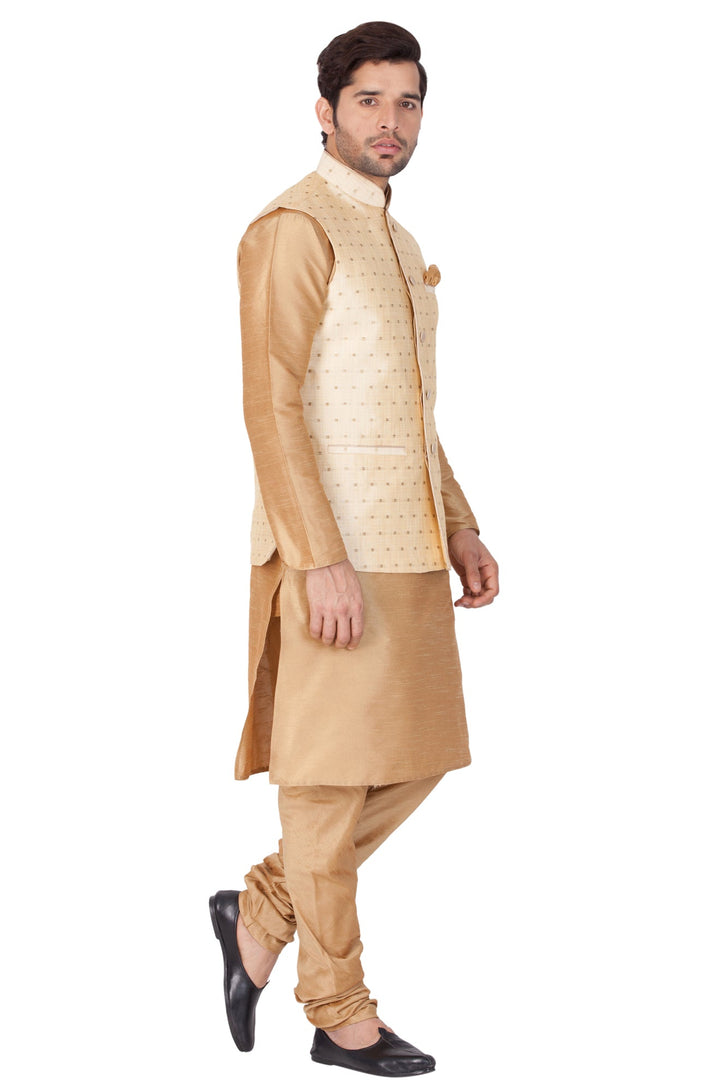 VM By VASTRAMAY Men's Gold Zari Weaved Jacket With Kurta Pyjama Set